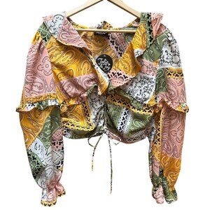 NWT Jolie & Joy Blouse Cropped Tie Front Ruffle Patchwork Gypsy Boho Festival LG